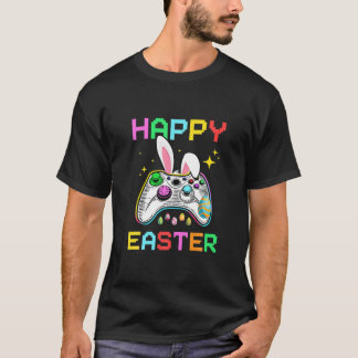 Gamer met videospellen bij paasbundel en gamingcon t-shirt