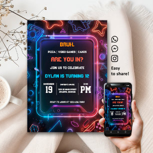 Gamer Neon Verjaardagsfeestje Digitale Uitnodiging