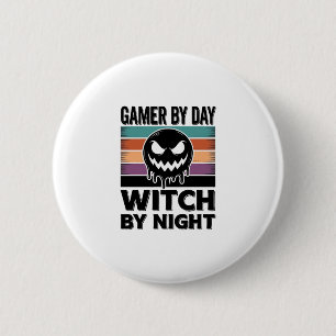 Gamer Overdag Heks 's Nachts Retro Halloween-ontwe Ronde Button 5,7 Cm