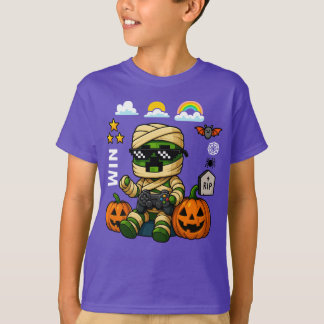 Gamer Pixel Pumpkin Mummy Men Kids Boy Halloween  T-shirt