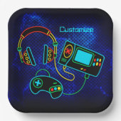 Gamer Retro Neon Blauw Papieren Bordje (Voorkant)