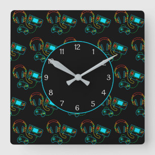 Gamer Retro Neon Patroon Zwart Vierkante Klok