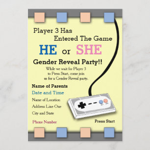 Gamer Speler 3 Baby Shower Geslacht Reveal Uitnodi Kaart