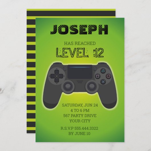 Gamer-uitnodiging, videogame level omhoog kaart (Voorkant / Achterkant)