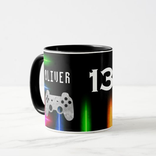 Gamer Video Game Controller Neon Name Age Mok (Voorkant links)