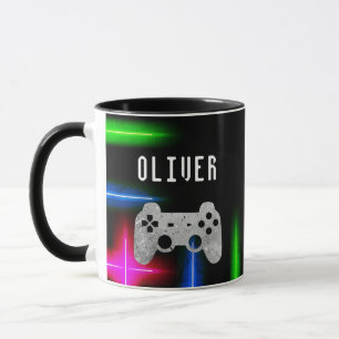 Gamer videogamecontroller neon naam mok