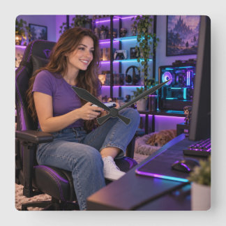 Gamer Vrouw Paarse Gaming Kamer Vierkante Klok