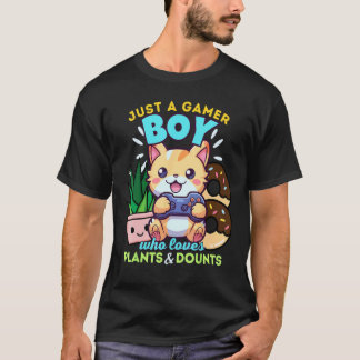 Gamerjongen die van kattenplanten, gamen en donuts t-shirt