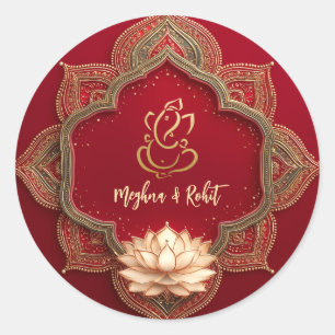 Ganesh Hindoe God   Indiase Trouw Goud Rood Ronde Sticker
