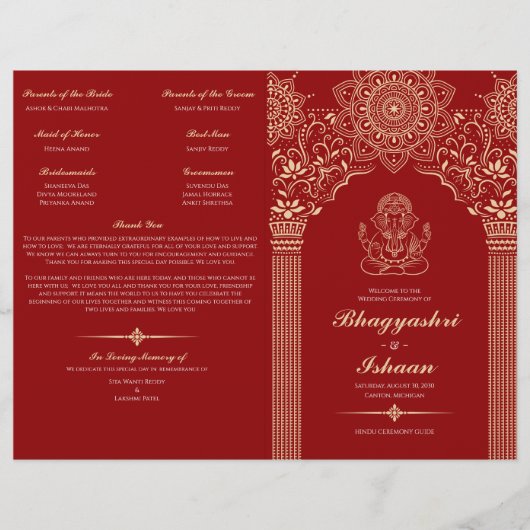 Ganesh Red Hindu Mariage Ceremony Programme plié (Devant)