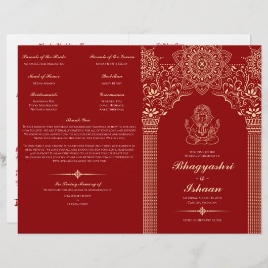Ganesh Red Hindu Mariage Ceremony Programme plié (Devant / Derrière)