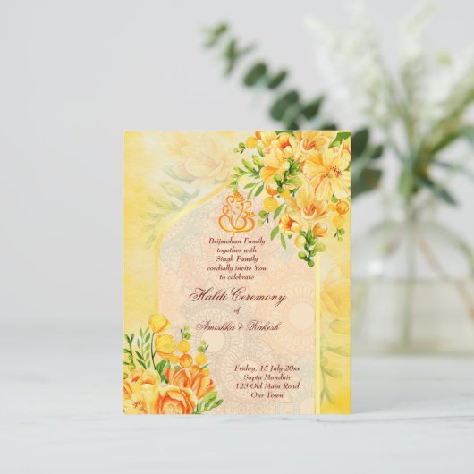 Ganesha Haldi budget nodigt de gele bloementeelt u (Staand voorkant)