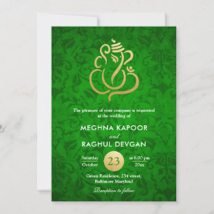 Ganesha/Indian Faux Gold Foil Green Damask Wedding Kaart