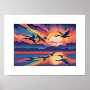Ganzen boven water bij zonsopgang poster