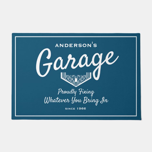 Garage Elke naam Funny Gezegde Blue White Script Deurmat (Voorkant)