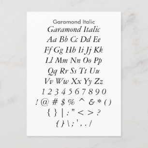 Garamond Italic - voorbeeldvel voor Zazzle-lettert Briefkaart