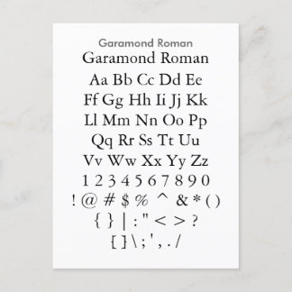 Garamond Roman - het Blad van de Steekproef van de Briefkaart