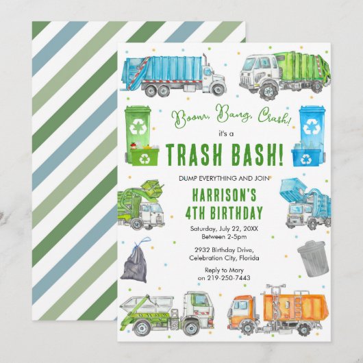 Garbage Trash Truck Birthday Invitation (Devant / Derrière)