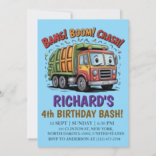 Garbage Truck Themed Kids Trash Party Birthday Kaart (Voorkant)