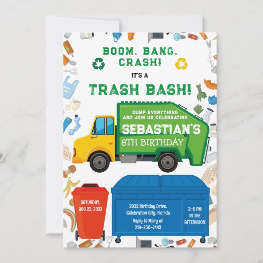 Garbage Truck Trash Bash Boy Birthday Invitation (Devant)