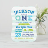 Garçon 1er Anniversaire Invitation Bleu Vert Petit (Debout devant)