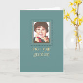 Garçon à tête rouge Turquoise à la carte d'anniver (Fleur jaune)