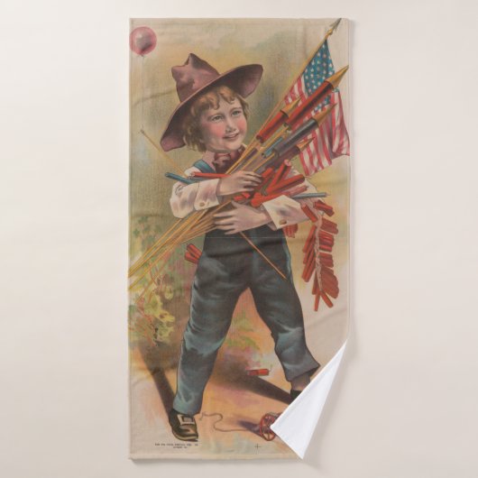 Garçon avec Feux d'Artifice, Drapeau Américain, Im (Serviette de bain)