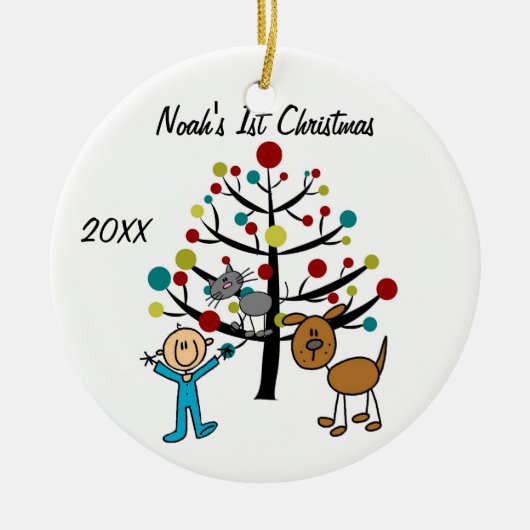 Garçon, chat et chien 1er Noël Ornement Customisé (Devant)