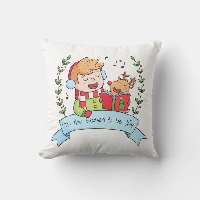 Garçon des chants de Noël et Renne Coussin de jet (Recto)