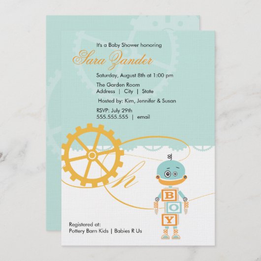 Garçon des invitations | de baby shower de robot (Devant / Derrière)