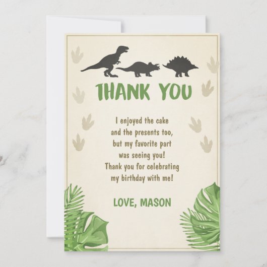 Garçon Dino de partie de carte de remerciements (Devant)