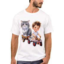 Garçon et chat sur le t-shirt de la voiture