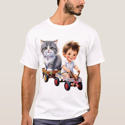 Garçon et chat sur le t-shirt de la voiture (Devant)