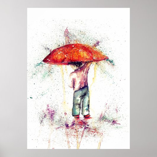 Garçon et parapluie pluie aquarelle déco (Devant)