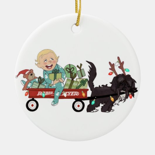 Garçon et son ornement de Noël de chien - (Devant)