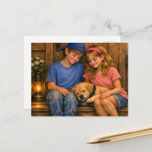 Garçon, Fille & Chiots — Carte postale de clinique