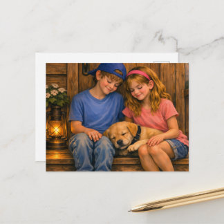 Garçon, Fille & Chiots — Carte postale de clinique
