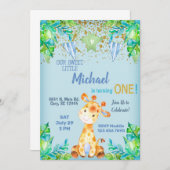 Garçon girafe bleu 1ère invitation anniversaire. (Devant / Derrière)