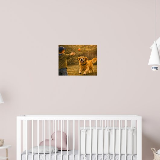 Garçon Jouant à la Récupération avec Chien Affiche (Pépinière 2)
