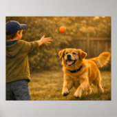 Garçon Jouant à la Récupération avec Chien Affiche (Devant)
