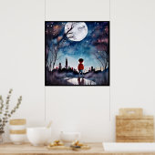 Garçon sous la Pleine lune Aquarelle affiche (Cuisine)