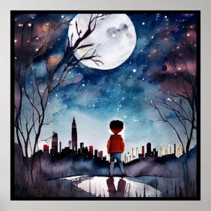 Garçon sous la Pleine lune Aquarelle affiche
