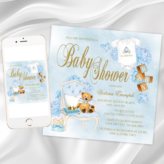 Garçons Aquarelle Bleu Or Bébé Douche Invitations