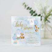 Garçons Aquarelle Bleu Or Bébé Douche Invitations (Debout devant)