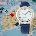 Garçons Cool Moderne Bleu Design Personnalisé Nom<br><div class="desc">Personnalisé, personnalisé, enfants garçons amusant cool élégant moderne bracelet en cuir bleu tendance, coque en acier inoxydable, montre poignet. Entrez simplement le nom. Allez-y créez une merveilleuse montre personnalisée pour le garçon lil de votre vie - fils, frère, neveu, petit-fils, filleul, stepson. Fait un grand cadeau personnalisé pour l'anniversaire, la...</div>