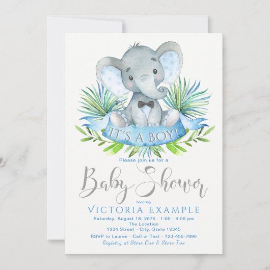 Garçons Elephant Baby Shower Invitations (Devant)