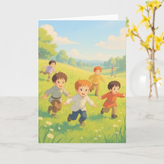 Garçons jouant à la carte Tag (Fleur jaune)