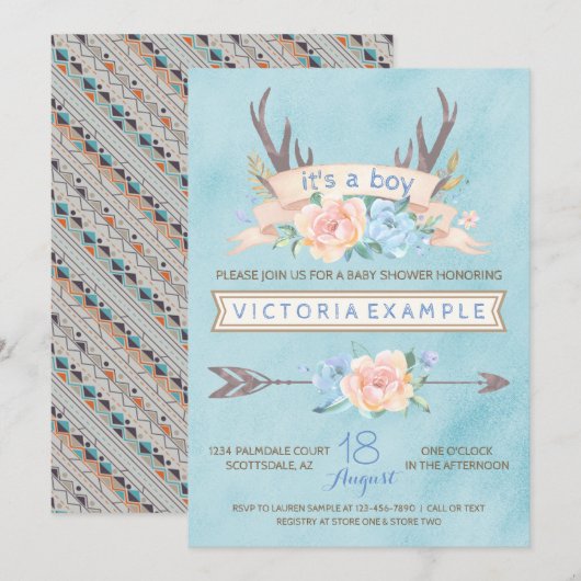 Garçons Tribal Antler Baby Shower Invitations (Devant / Derrière)