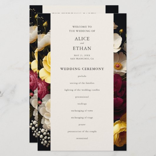 Garden Blooms Élégant programme de mariage foncé (Devant / Derrière)