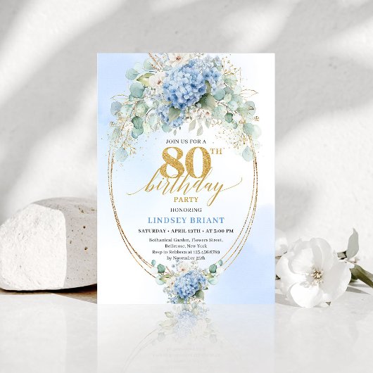 Garden Blue Floral Gold 80th Birthday Invitation